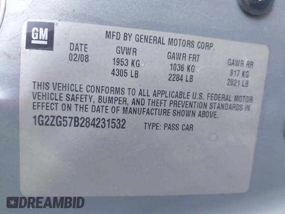 2008 Pontiac G6 with VIN 1G2ZG57B284231532, listed as a IAAI auction lot 41709413 with 276,415 mi miles. Bid and sale history available at carsss.com. Image 9.