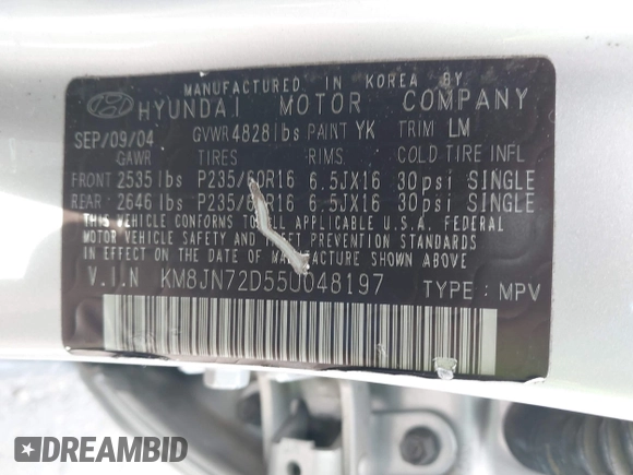2005 Hyundai Tucson GLS with VIN KM8JN72D55U048197, listed as a IAAI auction lot 42011506 with 157,130 mi miles and . Bid and sale history available at DreamBid. Image 9.