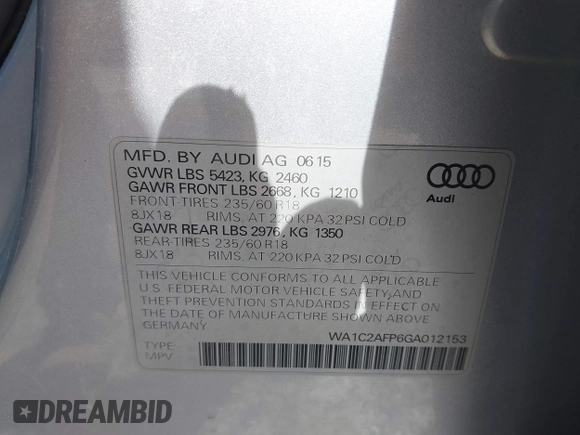 2016 Audi Q5 Premium with VIN WA1C2AFP6GA012153, listed as a IAAI auction lot 42210858 with 188,600 mi miles and . Bid and sale history available at DreamBid. Image 9.