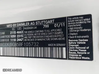 2011 Mercedes-Benz E-Class E 350 with VIN WDDKJ5GB5BF105732, listed as a IAAI auction lot 41465488 with 169,086 mi miles. Bid and sale history available at carsss.com. Image 9.