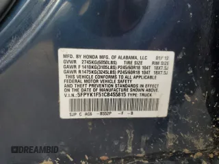 2012 Honda Ridgeline RTL z VIN 5FPYK1F51CB455815, wystawiony jako Copart lot #50969885 z przebiegiem Nie podano mil oraz Szkoda całkowita • Salvage title. Historia ofert i sprzedaży dostępna na DreamBid. Obrazek 12.