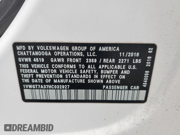 2017 Volkswagen Passat SE z VIN 1VWGT7A37HC032927, wystawiony jako Copart lot #60321125 z przebiegiem 208 231 mil mil oraz Szkoda całkowita • Salvage title. Historia ofert i sprzedaży dostępna na DreamBid. Obrazek 13.