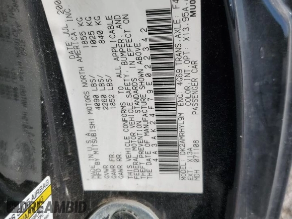 2009 Mitsubishi Eclipse GS with VIN 4A3AK24F79E022342, listed as a Copart auction lot 75669854 with 195,975 mi miles and Salvage Title. Bid and sale history available at carsss.com. Image 14.