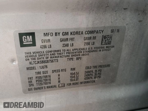 2016 Chevrolet Trax LS with VIN KL7CJKSB8GB756773, listed as a Copart auction lot 49073675 with 60,016 mi miles and Salvage Title. Bid and sale history available at carsss.com. Image 15.