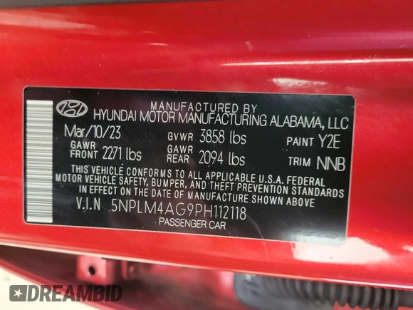 2023 Hyundai Elantra SEL with VIN 5NPLM4AG9PH112118, listed as a IAAI auction lot 42791680 with 47,354 mi miles and . Bid and sale history available at DreamBid. Image 13.