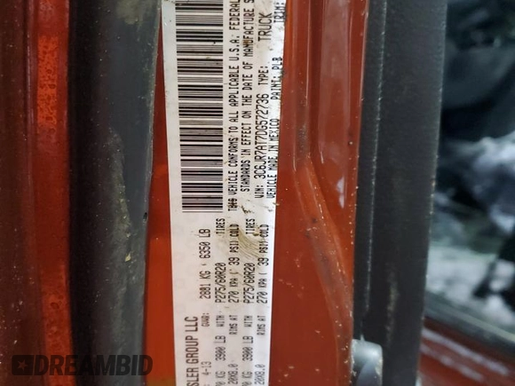 2013 Ram 1500 Express with VIN 3C6JR7AT7DG572736, listed as a Copart auction lot 45131975 with 65,518 mi miles and Salvage title. Bid and sale history available at DreamBid. Image 13.