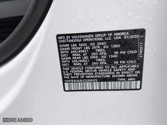 2020 Volkswagen Atlas Cross Sport 3.6L V6 SEL Premium R-Line with VIN 1V2TE2CA3LC220023, listed as a IAAI auction lot 41666475 with 88,083 mi miles. Bid and sale history available at carsss.com. Image 9.