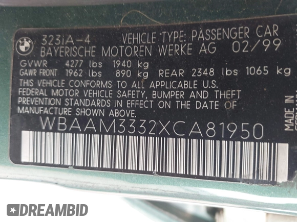 1999 BMW 3 Series 323i z VIN WBAAM3332XCA81950, wystawiony jako IAAI lot #42199475 z przebiegiem 134 884 mil mil oraz . Historia ofert i sprzedaży dostępna na DreamBid. Obrazek 9.