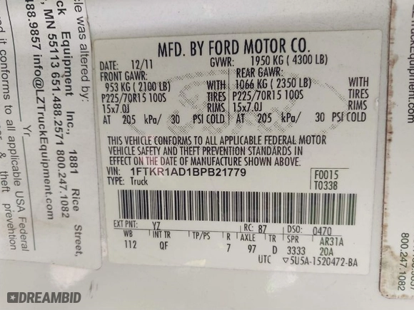 2011 Ford Ranger XL with VIN 1FTKR1AD1BPB21779, listed as a IAAI auction lot 41812324 with 141,657 mi miles. Bid and sale history available at carsss.com. Image 9.