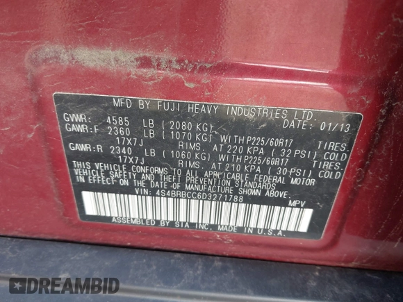 2013 Subaru Outback Premium with VIN 4S4BRBCC6D3271788, listed as a IAAI auction lot 42655533 with 135,805 mi miles and . Bid and sale history available at DreamBid. Image 9.