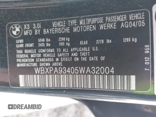 2005 BMW X3 3.0i with VIN WBXPA93405WA32004, listed as a IAAI auction lot 41683940 with Not provided miles and . Bid and sale history available at DreamBid. Image 9.