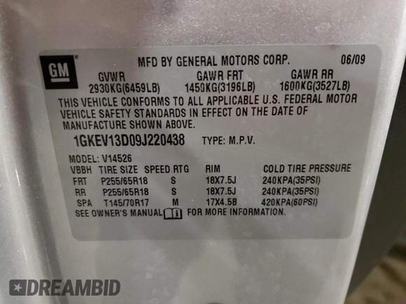 2009 GMC Acadia SLE1 with VIN 1GKEV13D09J220438, listed as a Copart auction lot 45990105 with 142,411 mi miles and Salvage Title. Bid and sale history available at carsss.com. Image 13.