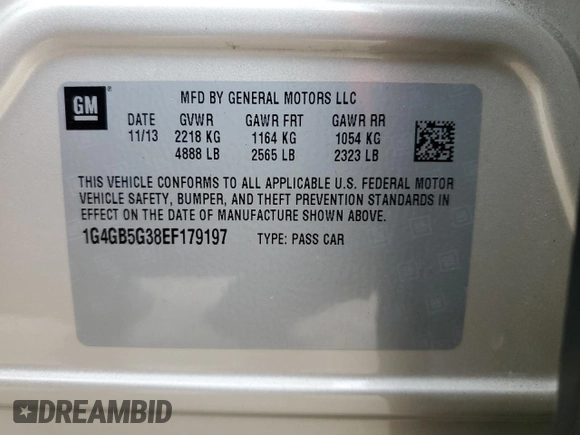 2014 Buick LaCrosse Leather with VIN 1G4GB5G38EF179197, listed as a Copart auction lot 46599705 with 108,981 mi miles and Salvage Title. Bid and sale history available at DreamBid. Image 13.