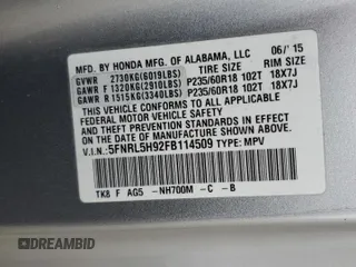 2015 Honda Odyssey Touring Elite with VIN 5FNRL5H92FB114509, listed as a Copart auction lot 43801615 with 106,054 mi miles and Salvage title. Bid and sale history available at DreamBid. Image 13.