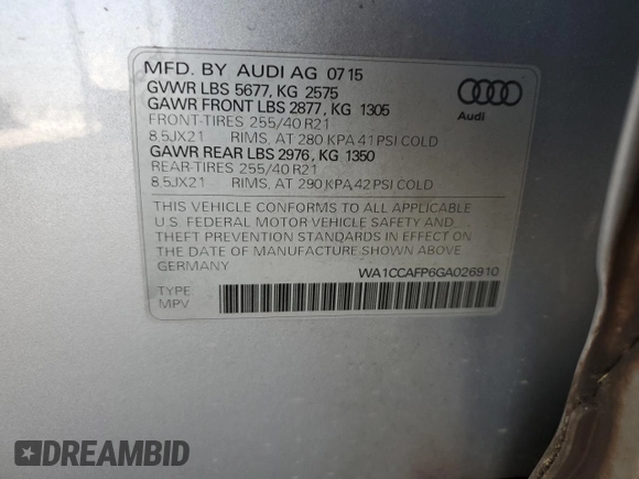 2016 Audi SQ5 Premium Plus with VIN WA1CCAFP6GA026910, listed as a Copart auction lot 69436704 with 74,595 mi miles and Salvage Title. Bid and sale history available at carsss.com. Image 13.