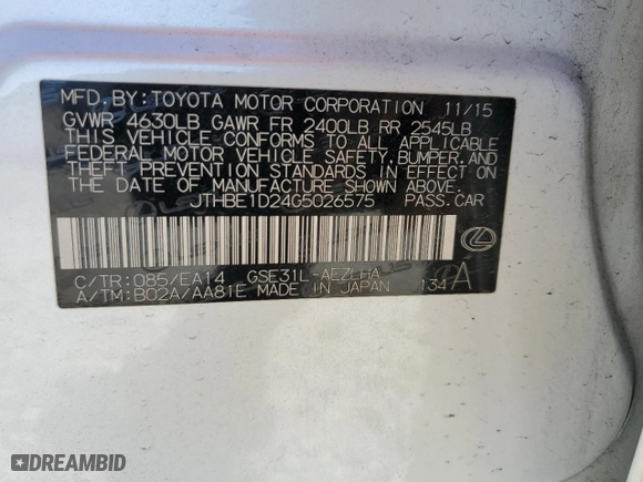 2016 Lexus IS 350 with VIN JTHBE1D24G5026575, listed as a Copart auction lot 46454675 with 102,619 mi miles and Salvage Title. Bid and sale history available at carsss.com. Image 13.