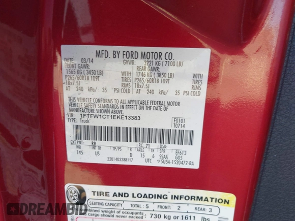 2014 Ford F-150 XL with VIN 1FTFW1CT1EKE13383, listed as a IAAI auction lot 41049071 with 1 mi miles. Bid and sale history available at carsss.com. Image 9.