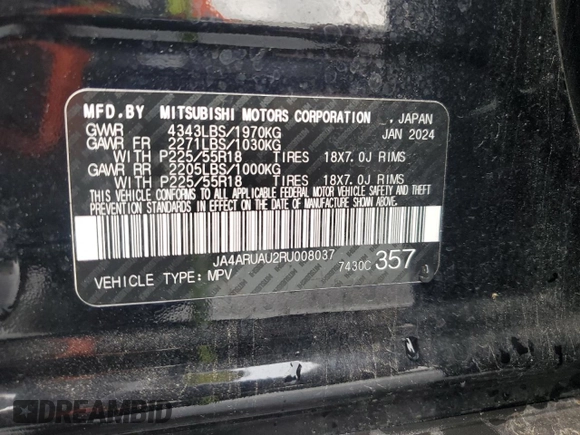 2024 Mitsubishi Outlander Sport S with VIN JA4ARUAU2RU008037, listed as a Copart auction lot 52294555 with 24,825 mi miles and Non Repairable. Bid and sale history available at carsss.com. Image 14.