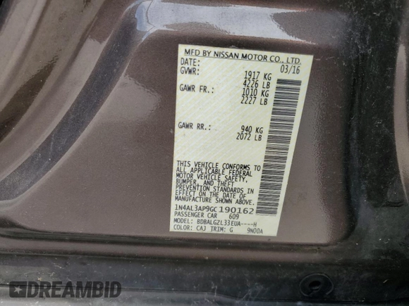 2016 Nissan Altima SV with VIN 1N4AL3AP9GC190162, listed as a Copart auction lot 74212104 with 96,274 mi miles and Salvage Title. Bid and sale history available at carsss.com. Image 12.