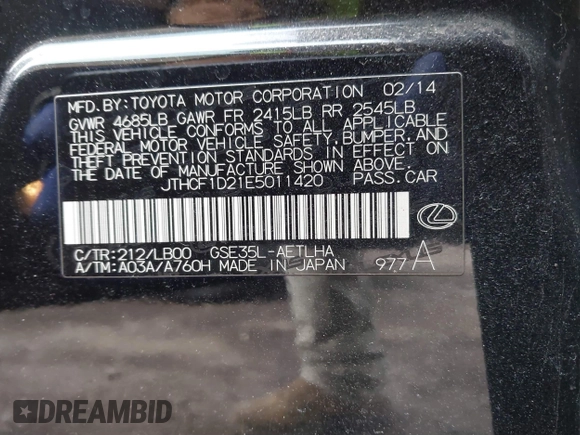 2014 Lexus IS 250 with VIN JTHCF1D21E5011420, listed as a IAAI auction lot 41492163 with 102,088 mi miles. Bid and sale history available at carsss.com. Image 9.