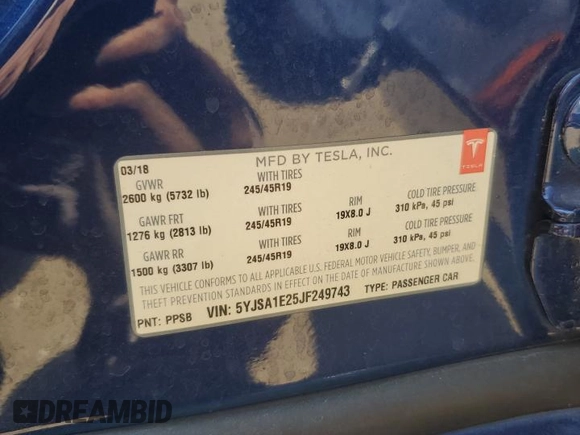 2018 Tesla Model S 75D with VIN 5YJSA1E25JF249743, listed as a Copart auction lot 59636235 with 101,275 mi miles and Salvage title. Bid and sale history available at DreamBid. Image 12.