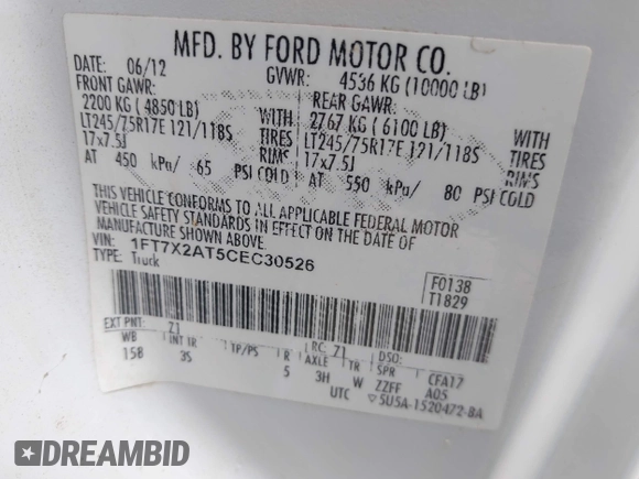 2012 Ford F-250 XLT with VIN 1FT7X2AT5CEC30526, listed as a IAAI auction lot 42029825 with 263,897 mi miles and . Bid and sale history available at DreamBid. Image 9.
