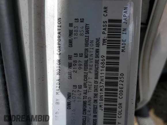 2017 Mazda 3 Grand Touring with VIN JM1BN1M37H1116869, listed as a Copart auction lot 51706765 with 86,334 mi miles and Salvage Title. Bid and sale history available at DreamBid. Image 14.