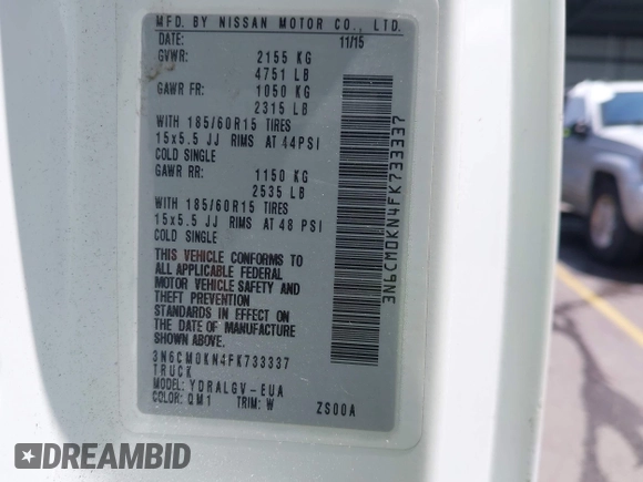 2015 Nissan NV200 SV with VIN 3N6CM0KN4FK733337, listed as a IAAI auction lot 42577417 with 239,231 mi miles and . Bid and sale history available at DreamBid. Image 9.