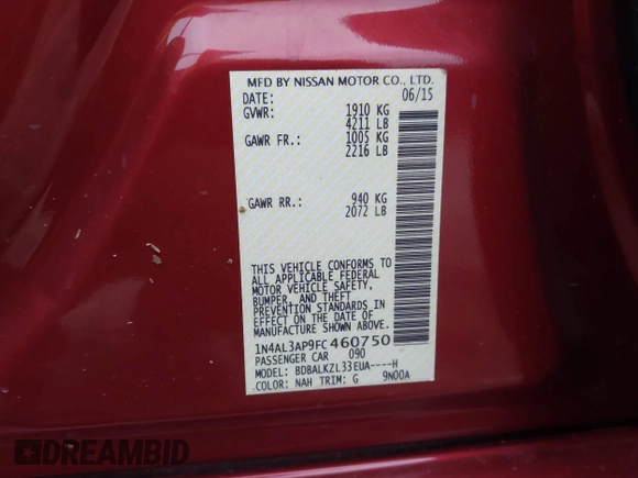2015 Nissan Altima SV with VIN 1N4AL3AP9FC460750, listed as a IAAI auction lot 41935815 with 92,530 mi miles and . Bid and sale history available at carsss.com. Image 9.