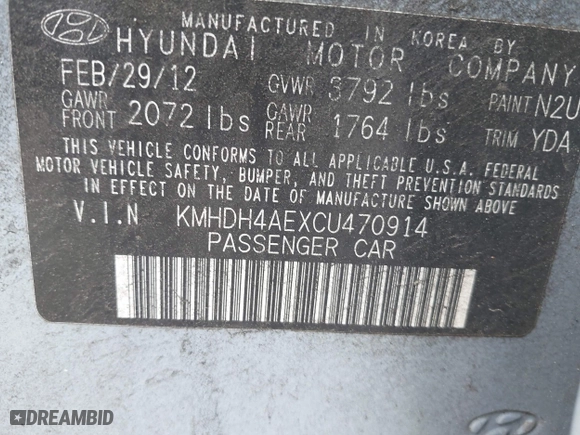 2012 Hyundai Elantra GLS with VIN KMHDH4AEXCU470914, listed as a IAAI auction lot 42016849 with 202,272 mi miles. Bid and sale history available at carsss.com. Image 9.