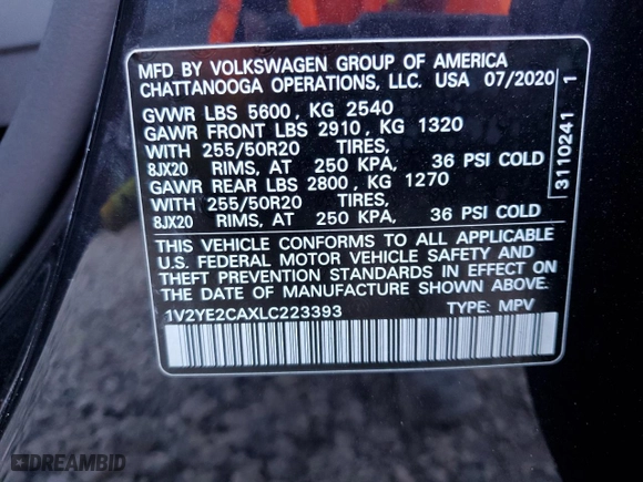 2020 Volkswagen Atlas Cross Sport 3.6L V6 SE w/Technology with VIN 1V2YE2CAXLC223393, listed as a Copart auction lot 41523765 with 52,062 mi miles and Non Repairable. Bid and sale history available at carsss.com. Image 12.