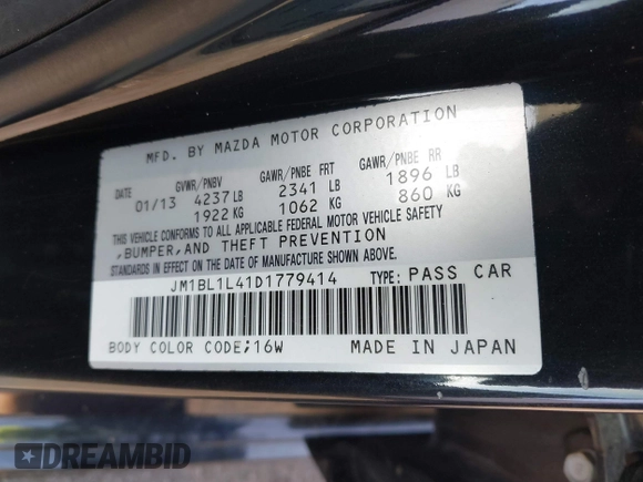 2013 Mazda 3 Mazdaspeed3 Touring with VIN JM1BL1L41D1779414, listed as a IAAI auction lot 41656396 with 92,839 mi miles and . Bid and sale history available at DreamBid. Image 9.
