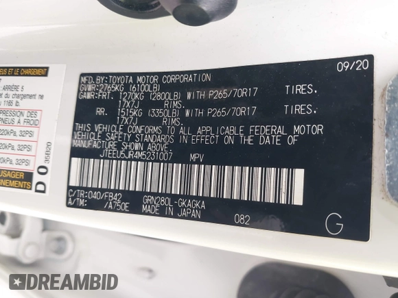 2021 Toyota 4Runner SR5 with VIN JTEEU5JR4M5231007, listed as a IAAI auction lot 41376077 with 74,973 mi miles and . Bid and sale history available at DreamBid. Image 9.