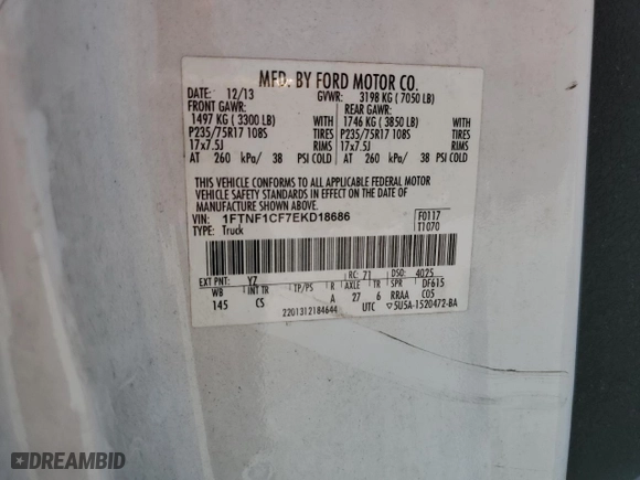 2014 Ford F-150 XL with VIN 1FTNF1CF7EKD18686, listed as a Copart auction lot 48389175 with 133,018 mi miles and Salvage Title. Bid and sale history available at carsss.com. Image 12.