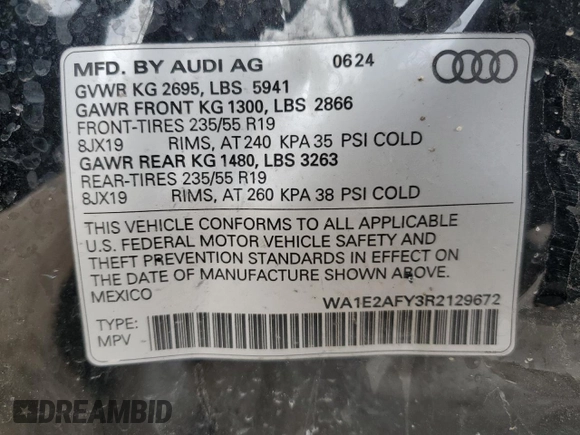2024 Audi Q5 S line Premium Plus with VIN WA1E2AFY3R2129672, listed as a Copart auction lot 47786635 with Not provided miles and Salvage title. Bid and sale history available at DreamBid. Image 12.