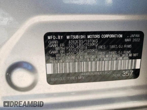 2022 Mitsubishi Outlander Sport ES with VIN JA4ARUAU8NU013527, listed as a Copart auction lot 59318842 with 19,893 mi miles. Bid and sale history available at carsss.com. Image 10.