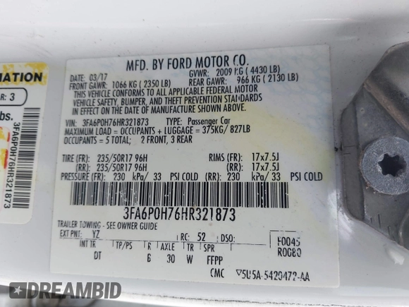 2017 Ford Fusion SE с VIN 3FA6P0H76HR321873, выставлен на аукционе IAAI как лот 42148912 с пробегом 154 525 миль миль и . История ставок и продаж доступна на DreamBid. Изображение 9.