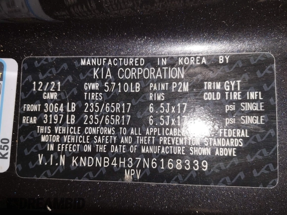 2022 Kia Carnival LXS with VIN KNDNB4H37N6168339, listed as a IAAI auction lot 41491533 with 51,286 mi miles. Bid and sale history available at carsss.com. Image 9.