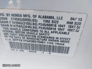 2013 Honda Ridgeline RTL with VIN 5FPYK1F54DB015461, listed as a IAAI auction lot 41601818 with 107,211 mi miles. Bid and sale history available at carsss.com. Image 9.