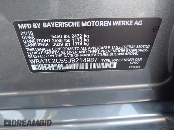 2018 BMW 7 Series 740i with VIN WBA7E2C55JB214987, listed as a IAAI auction lot 41733790 with 96,738 mi miles. Bid and sale history available at carsss.com. Image 9.
