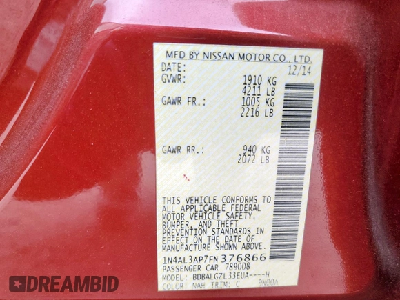 2015 Nissan Altima 2.5 with VIN 1N4AL3AP7FN376866, listed as a Copart auction lot 57777495 with 135,312 mi miles and Salvage title. Bid and sale history available at DreamBid. Image 12.