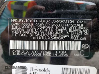 2012 Lexus ES with VIN JTHBK1EG7C2489597, listed as a Copart auction lot 50621955 with 91,226 mi miles and Salvage Title. Bid and sale history available at carsss.com. Image 12.