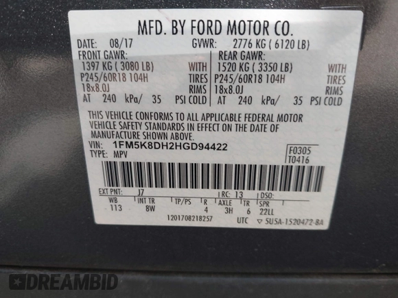 2017 Ford Explorer XLT z VIN 1FM5K8DH2HGD94422, wystawiony jako IAAI lot #42061496 z przebiegiem 104 808 mil mil oraz . Historia ofert i sprzedaży dostępna na DreamBid. Obrazek 9.