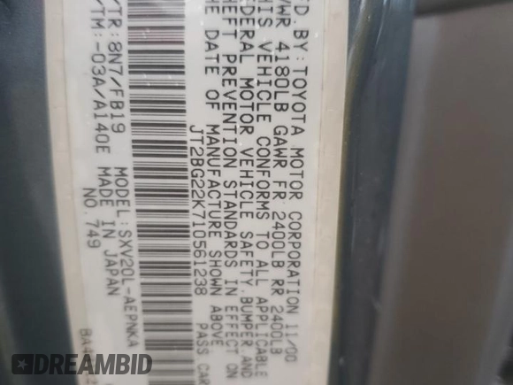 2001 Toyota Camry CE z VIN JT2BG22K710561238, wystawiony jako Copart lot #56686255 z przebiegiem Nie podano mil oraz Szkoda całkowita • Salvage title. Historia ofert i sprzedaży dostępna na DreamBid. Obrazek 12.