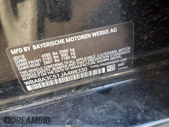 2018 BMW 3 Series 320i xDrive with VIN WBA8A3C51JA488330, listed as a Copart auction lot 42723395 with 0 mi miles and Salvage Title. Bid and sale history available at carsss.com. Image 12.