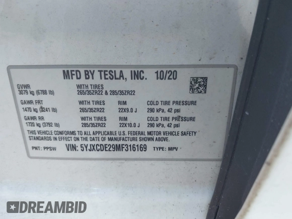 2021 Tesla Model X Long Range Plus with VIN 5YJXCDE29MF316169, listed as a IAAI auction lot 41232066 with 53,235 mi miles and . Bid and sale history available at carsss.com. Image 9.