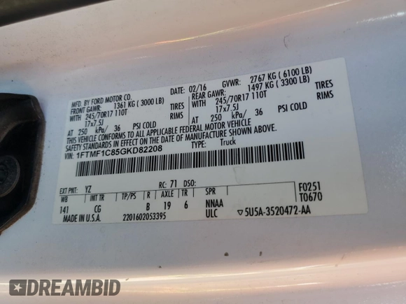 2016 Ford F-150 XL z VIN 1FTMF1C85GKD82208, wystawiony jako Copart lot #56294825 z przebiegiem 173 922 mil mil oraz Szkoda całkowita • Salvage title. Historia ofert i sprzedaży dostępna na DreamBid. Obrazek 12.