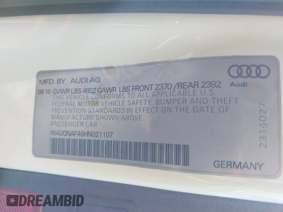 2017 Audi A4 Premium with VIN WAUGNAF46HN021107, listed as a IAAI auction lot 41593316 with 103,205 mi miles. Bid and sale history available at carsss.com. Image 9.