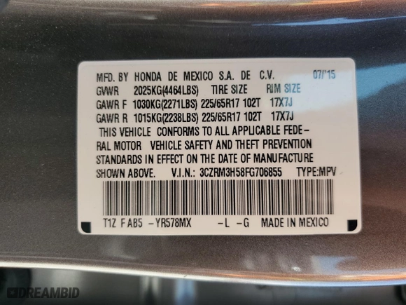 2015 Honda CR-V EX with VIN 3CZRM3H58FG706855, listed as a Copart auction lot 52007105 with 28,544 mi miles and Salvage Title. Bid and sale history available at carsss.com. Image 12.