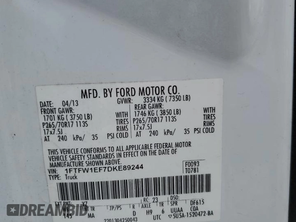 2013 Ford F-150 XL with VIN 1FTFW1EF7DKE89244, listed as a Copart auction lot 61155845 with 158,207 mi miles and Salvage title. Bid and sale history available at DreamBid. Image 12.